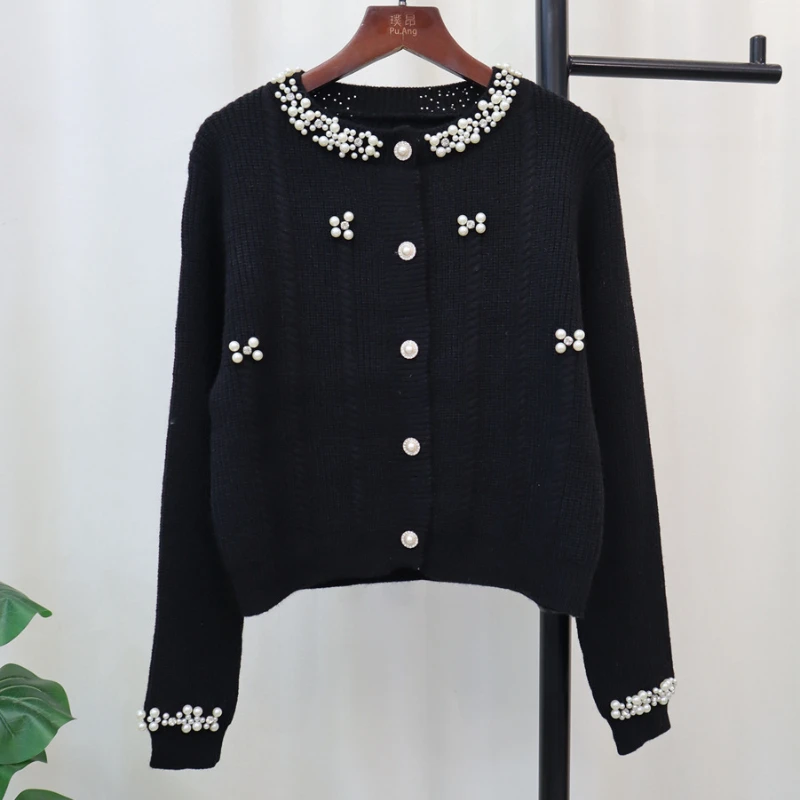 Cardigan Women Beading Design Sweet Knitwear French Style All-match Daily Young Clothing Leisure Prevalent Autumn Outwear Chic