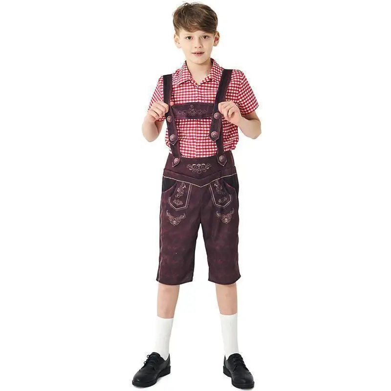 Salopette de bière à carreaux couleur t-shirt, Costume d'halloween pour enfants, Costume de scène pour garçons, vêtements à thème de bière, tenue de faion pour enfants