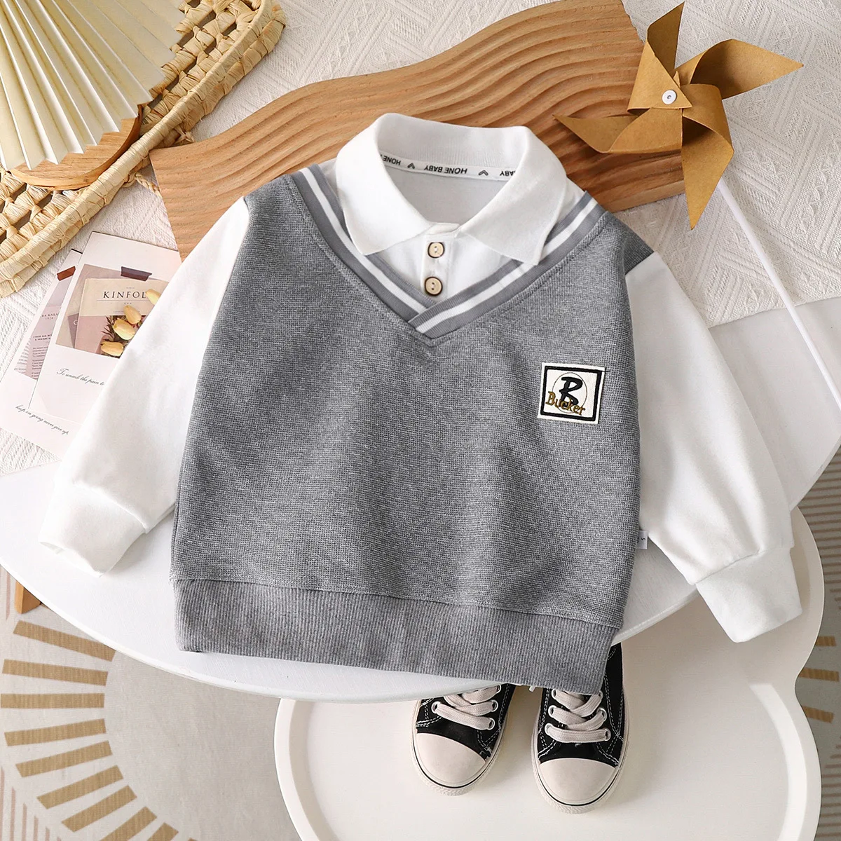 Autumn Children Boys Sweatshirt Cotton Letter Sticker Baby Boys Fake Two Piece Tops Loose Spliced Long Sleeve Kid Boy Polo Shirt