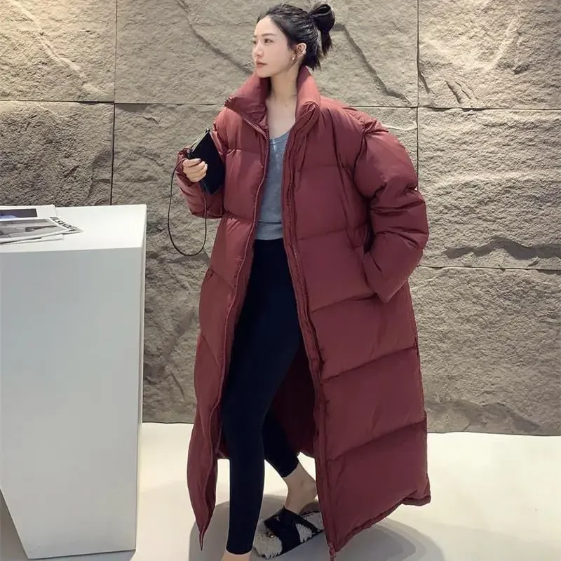 Korean Style New Fashion Women's Stand Collar Long Sleeve Solid Color Casual Trendy Ankle Length Quilted Coats Female Parka Tops