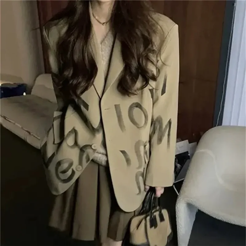 Spring Autumn Large Size Suit Jacket Women 2024 New Fashion Loose Casual Tops Printing coat Vintage Button Blazer Female