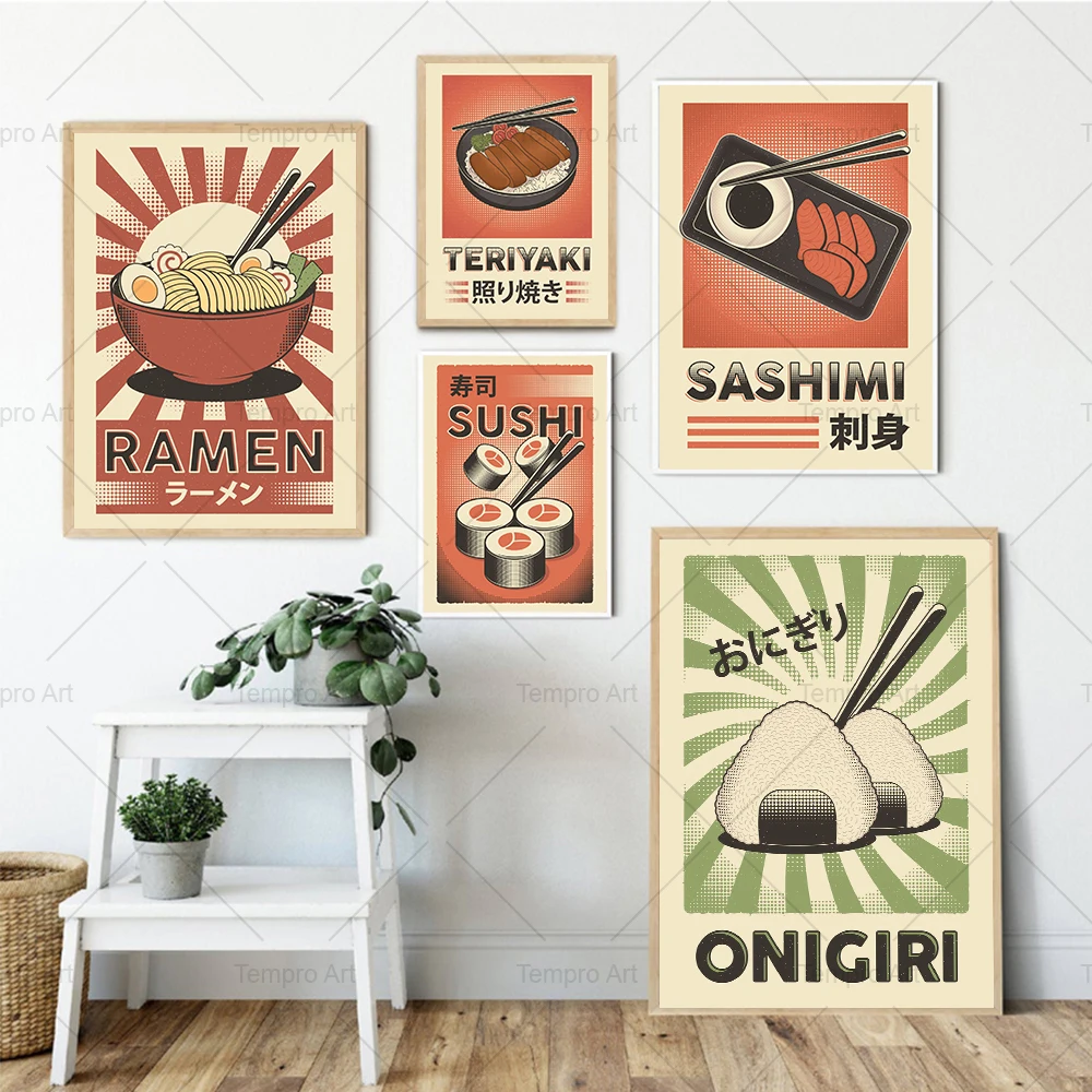 Japanische Lebensmittel Poster Moderne Küche Decor Sushi Teriyaki Ramen Sashimi Cartoon Leinwand Malerei Retro Wand Kunstdruck Bilder