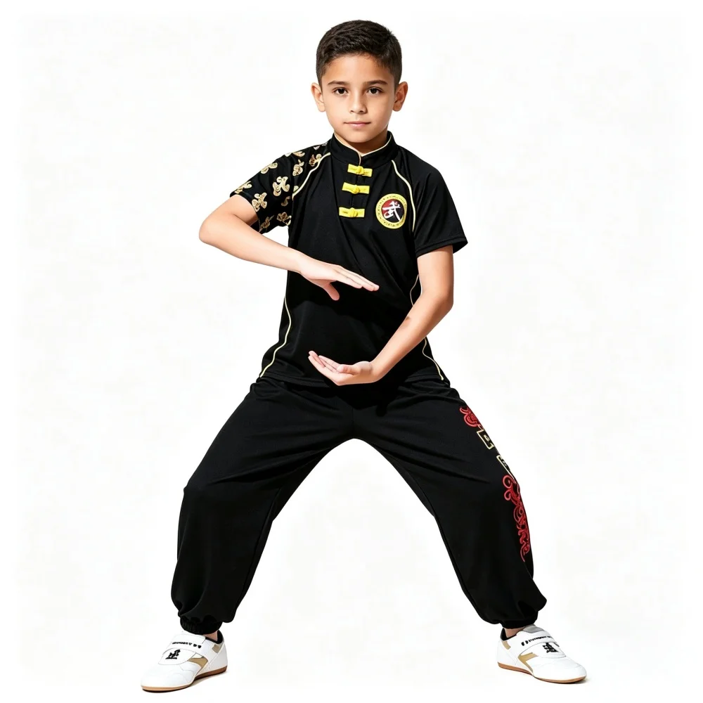 CLYFAN Boys Girls Hanzi logo Wushu Costume Milk Silk Short Sleeve Kung Fu Uniform Elastic Pants Martial Arts Training Stage Wear