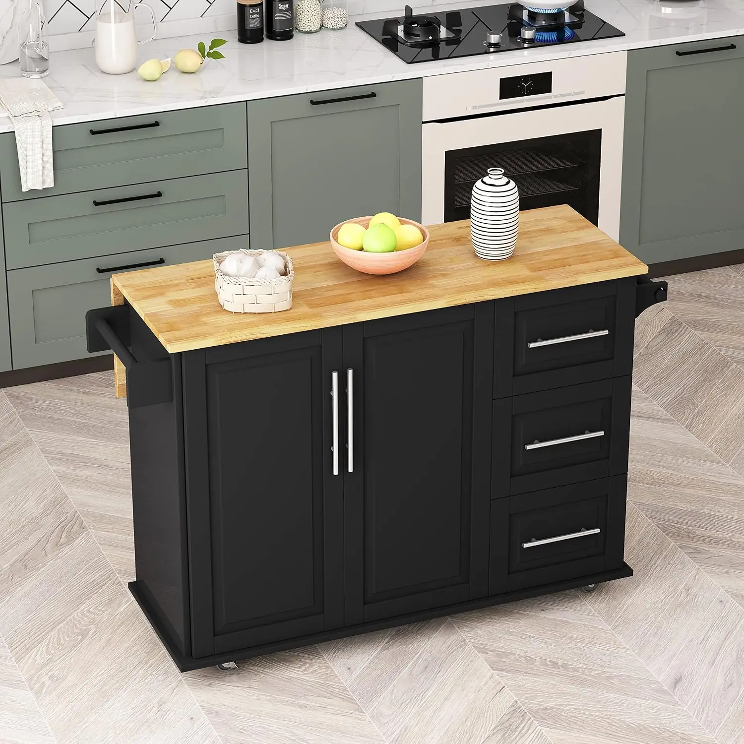 Kitchen Island Cart 2-Door Cabinet 3 Drawers Spice & Towel Rack 43.31