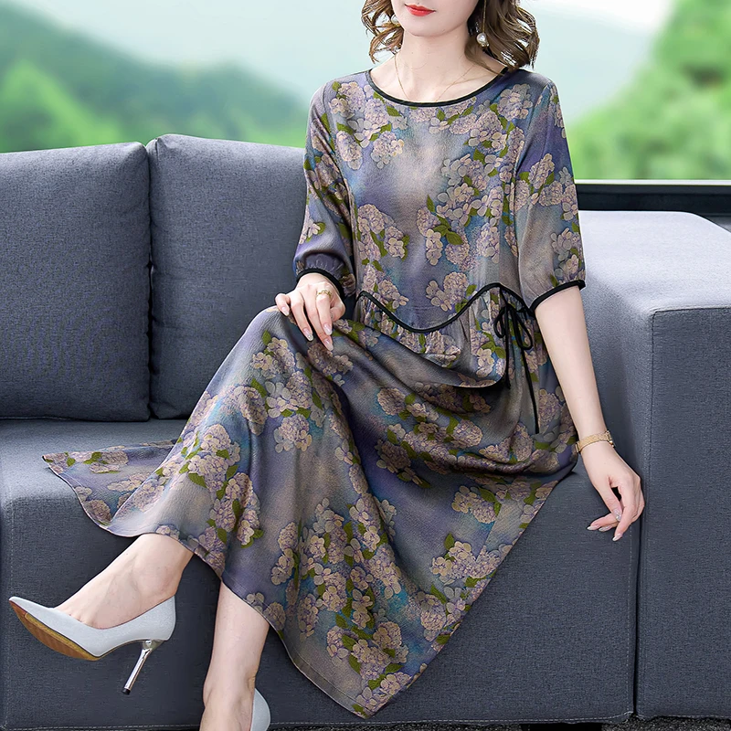 Female Floral Mulberry Silk Midi Dres Spring Summer Elegant Loose Waist Plus Size Dress 2022 Korean Vintage Casual Party Dresses