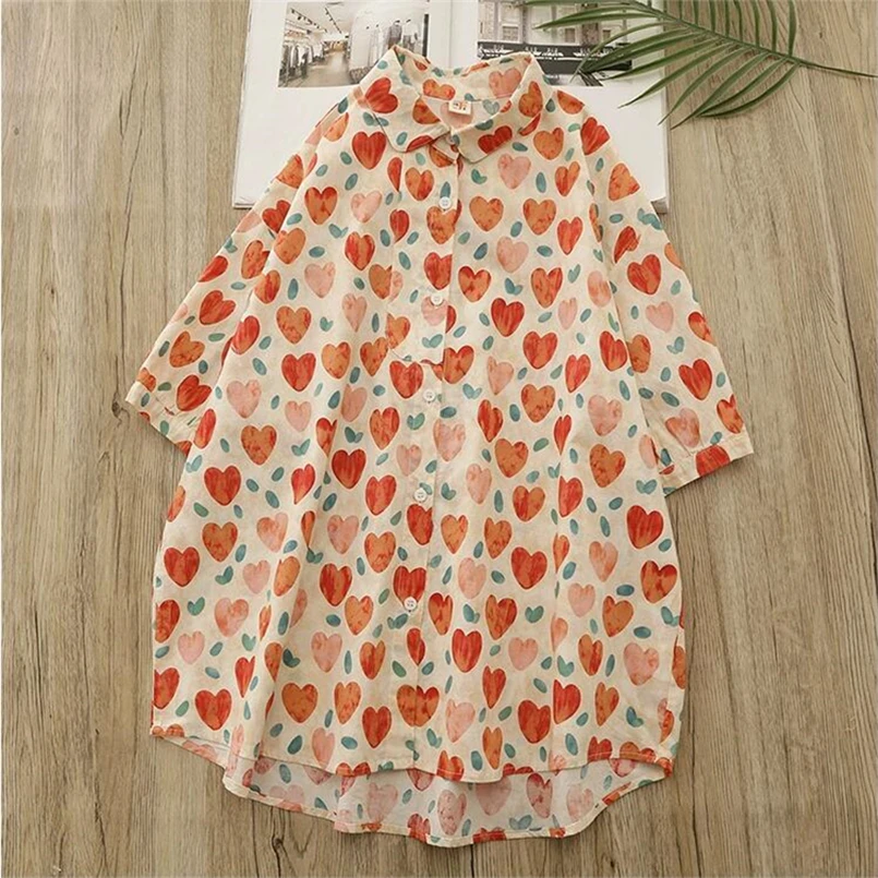 Fashion Lapel Button Casual Shirts All-match Love Print Cute Blouse Women Clothing 2026 Summer New Loose Tops Office Lady Blouse
