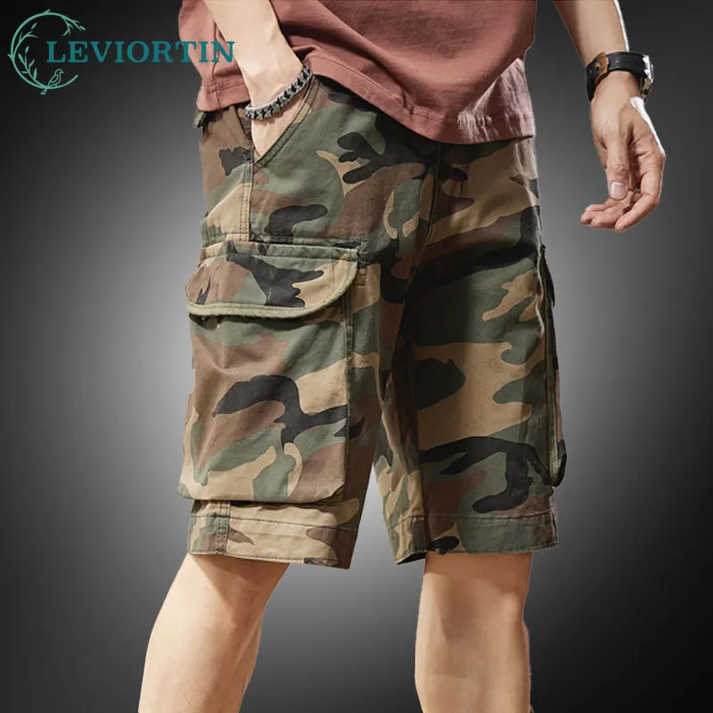 

Men's Washed Cotton Camo Cargo Shorts Loose Straight Fit 5" Trousers with Multi-Pocket Summer Casual Workwear Short Pants