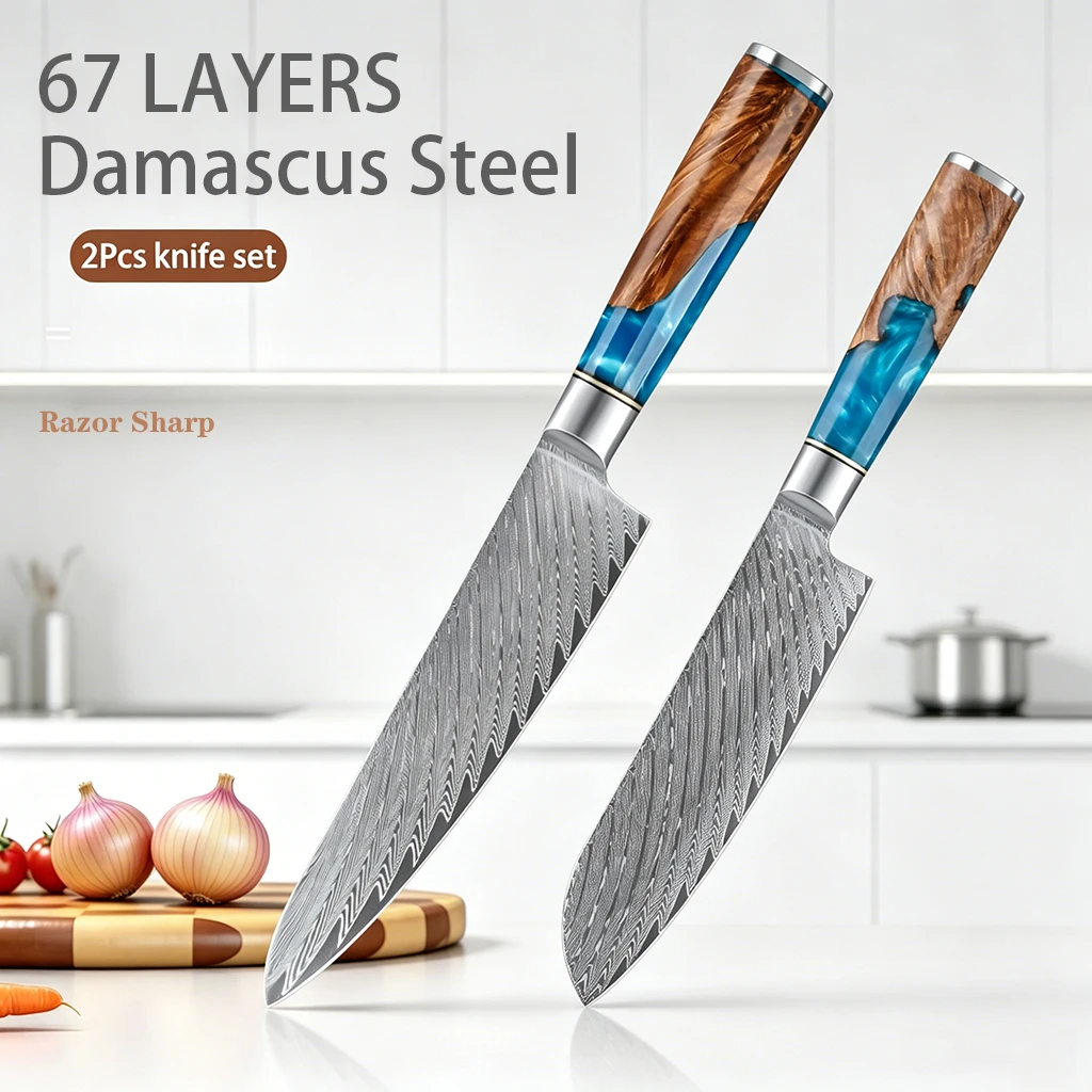 

Kitchen Knives-Set Damascus Steel Chef Knife Santoku Knife Blue Resin Handle set