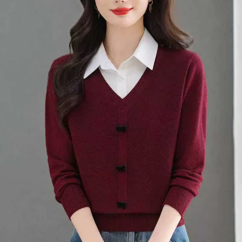 

Women's Clothing Fashion Elegant Fake Two Pieces Long Sleeve Sweaters Autumn Winter Casual Loose Knit Patchwork Pullovers Tops