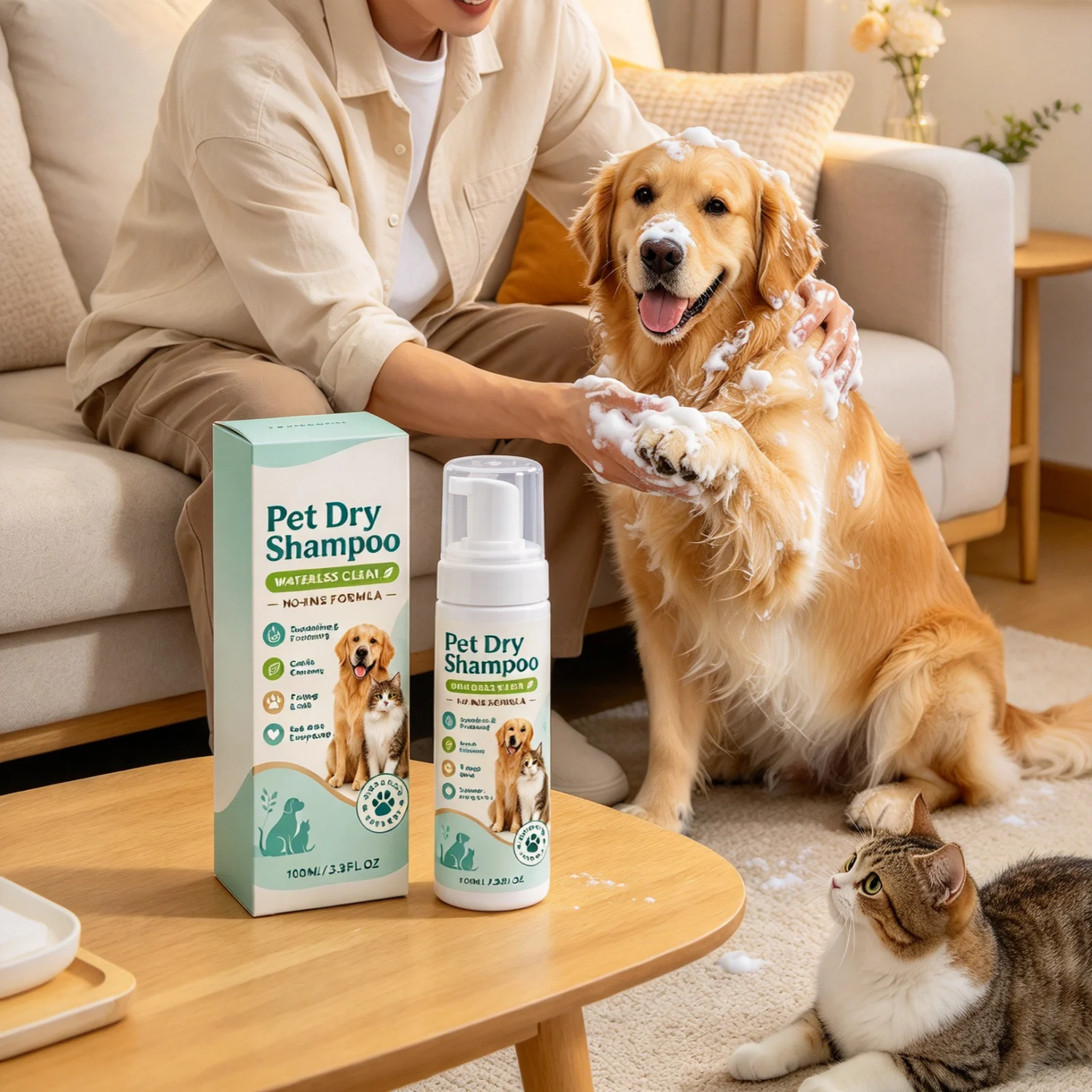 Pet Dry Shampoo Gentle Cleaning Deodorizing Odor Removal Long Lasting Fresh Scent Quick Drying No Rinse Pet Foam Cleaner 100ml