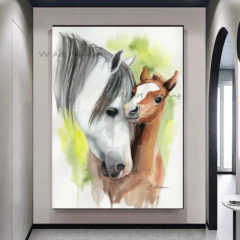Handmade Palette Knife Equine Artwork, Loving Mare And Baby Horse Painting, Rustic Living Room Wall Decoration