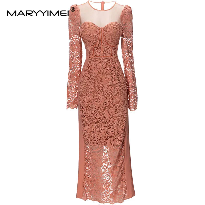 

MARYYIMEI 2023 High Street Runway Fashion Designer Dress Women's Round Collar Hook Flowers Hollow Out Lace Slim-Fit Long Dresses