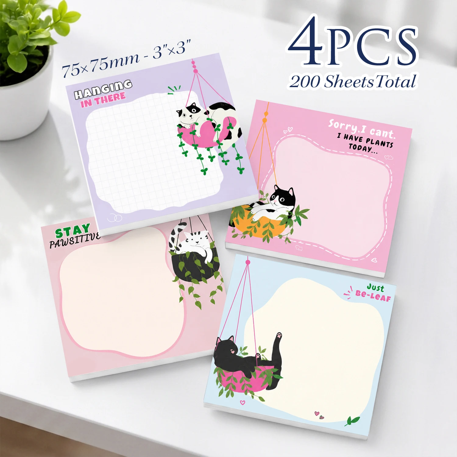 4PCS Funny Cat Plant Self Adhesive Sticky Notes 200 Sheets Cute Kitty Hanging Plant Humor Memo Pads Reminder Notes Office Statio