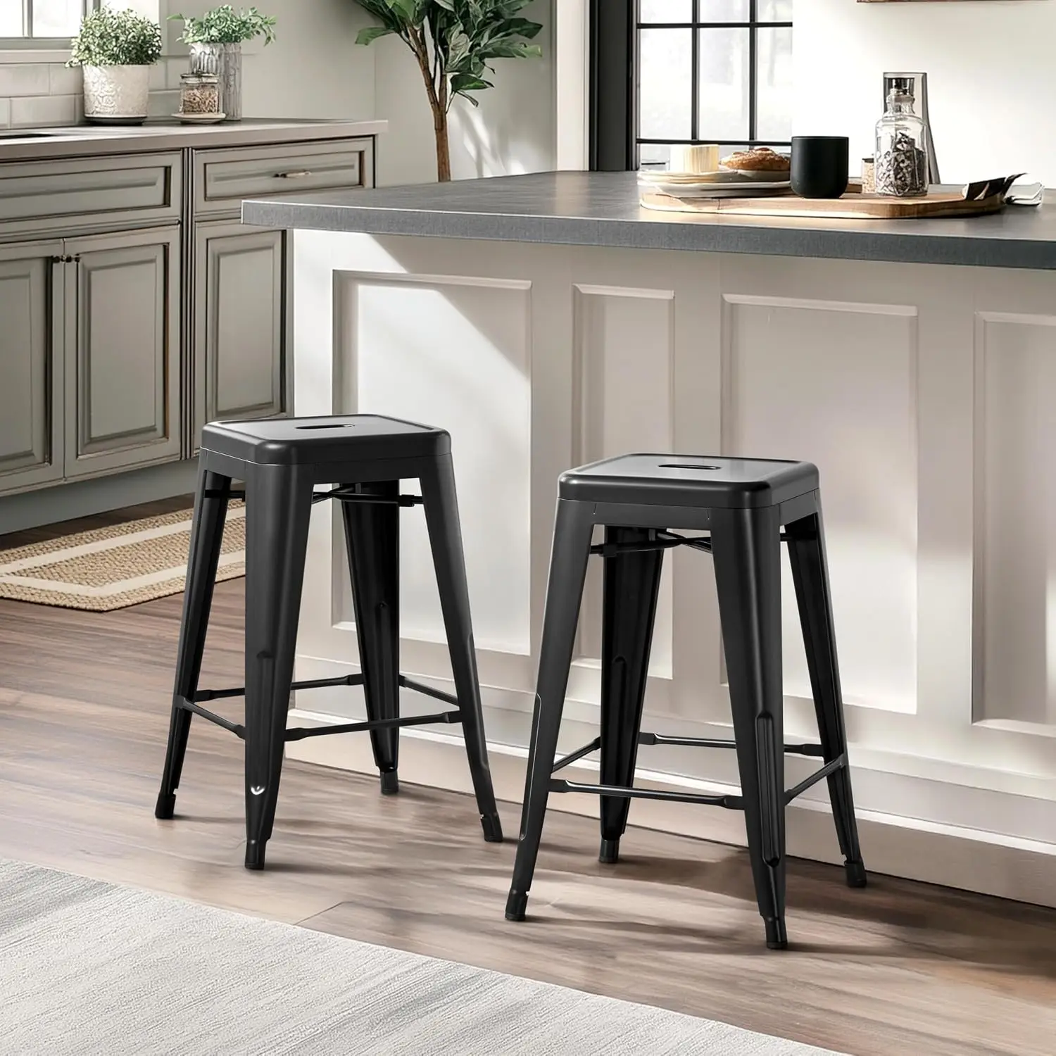 Metal Barstools Set Of 4 Counter Height Backless Stools Industrial Stackable Bar Chairs Footrest For Kitchen Dining Room Bistro Patio Home Bar Black