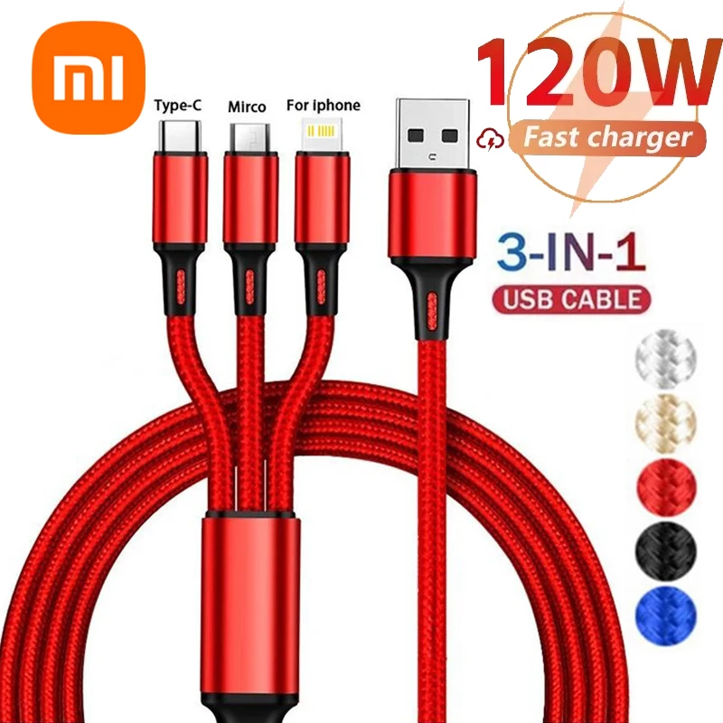 Xiaomi 120W 3 In 1 USB Fast Charge Cable Micro USB Type C Lightning Multi Charger Cable for iPhone 15 14 Pro Max Huawei Samsung