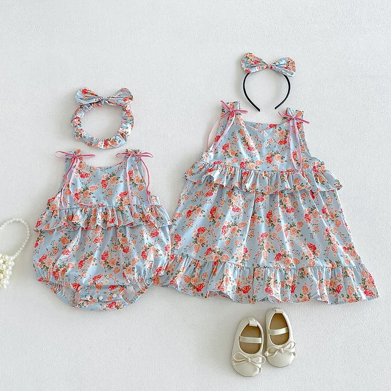 2026 New Summer Sister Clothing 2-7Yrs Baby Girl Birthday Party Dress Sleeveless Cotton Printed Romper Kids Princess Dresses