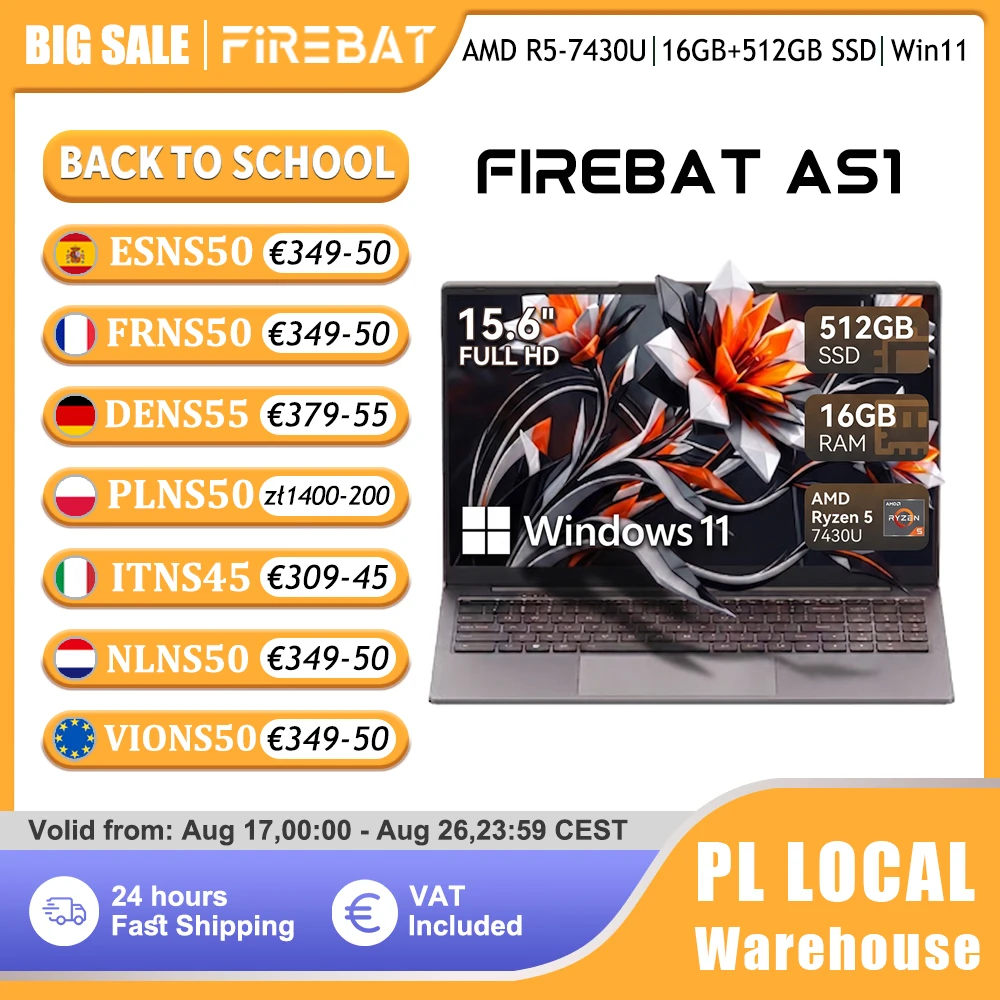 Firebat Laptop AS1 AMD R5 7430U 16 GB DDR4 512 GB SSD 15,6 Zoll Windows 11 Notebook Typ-C WIFI6 Tastatur mit Hintergrundbeleuchtung in voller Größe