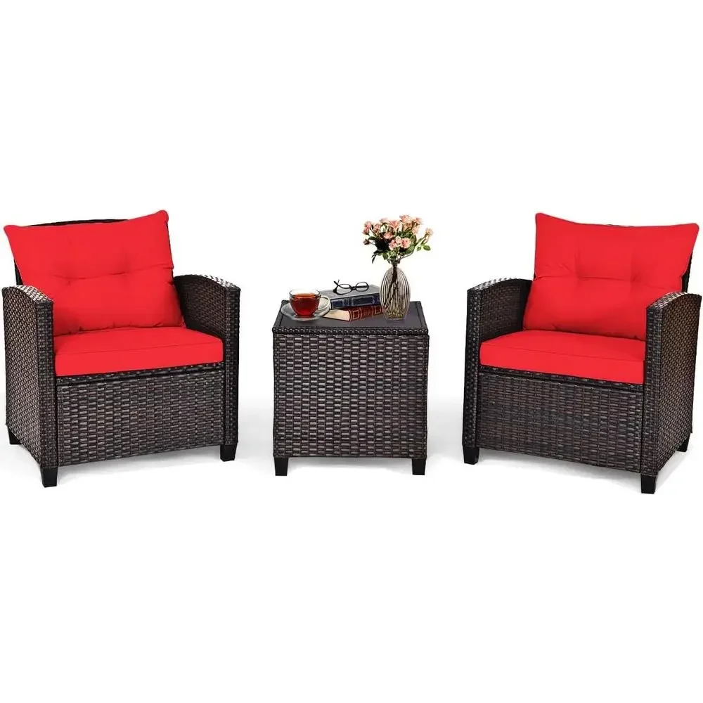 3-Piece Outdoor Wicker Patio Furniture Set with Cushions, Tempered Glass Table, Ideal for Garden, Poolside, or Balcony in Red