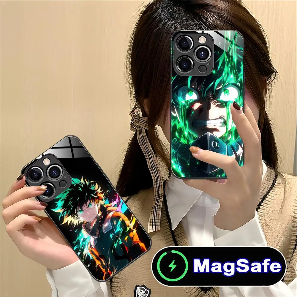 حافظة هاتف My Hero Academia Izuku Deku لهاتف iPhone 16 15 14 13 12 11 Pro Max Plus Mini MagSafe لون زجاجي واقي للهواتف الذكية