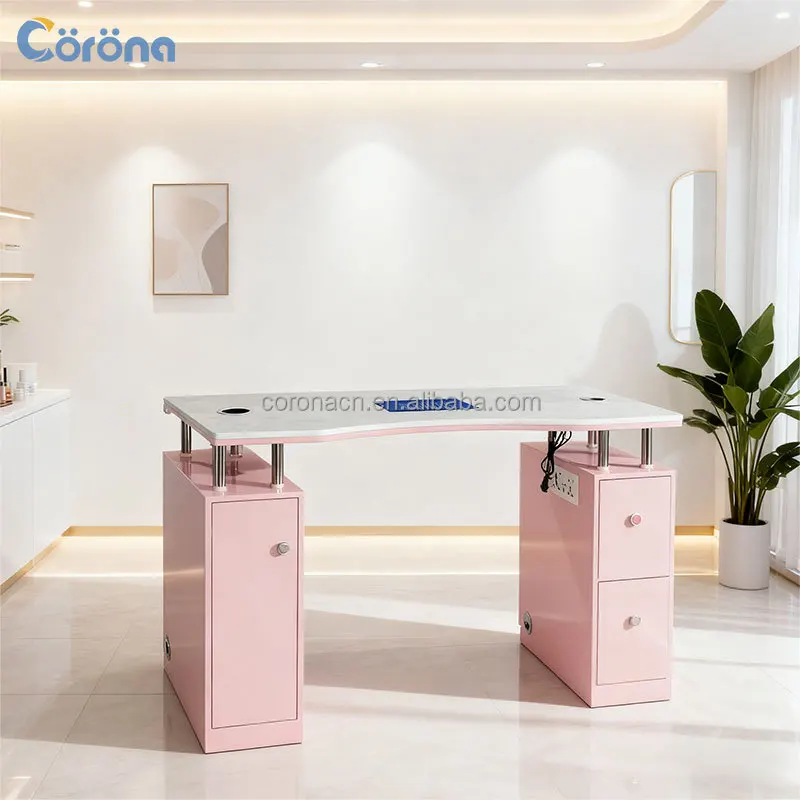Modern Luxury Beauty Salon Manicure Furniture Wood Pink Nail Table