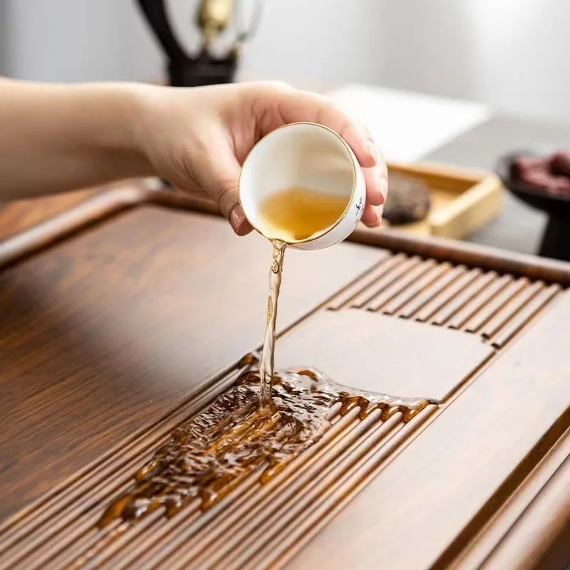 High Grade Large Tea Tray Huanghuali Color Whole Piece of Bamboo Tea Table Household Drainage Tea Tray with Drainpipe Home Gift