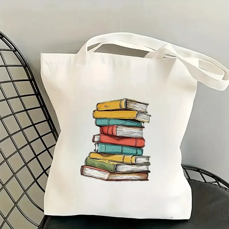 Stacked Books Graphic Canvas Tote Bag Women Book Lover Reusable Shopping Shoulder Bag Reading Casual Handbag and Commuting