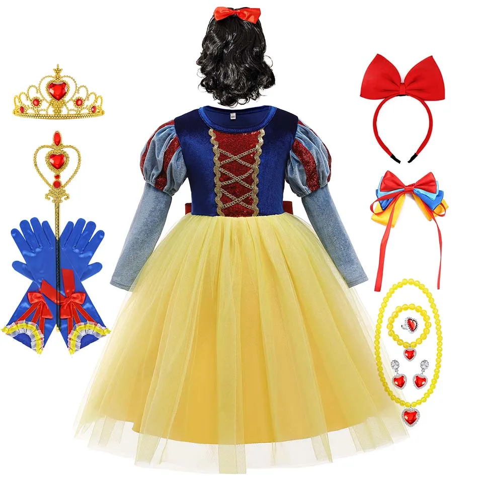 Princess Dress Girl Snow White Cosplay Costume Long Sleeve Velvet Gown Carnival Fancy Outfits Christmas Party Disguise Frock