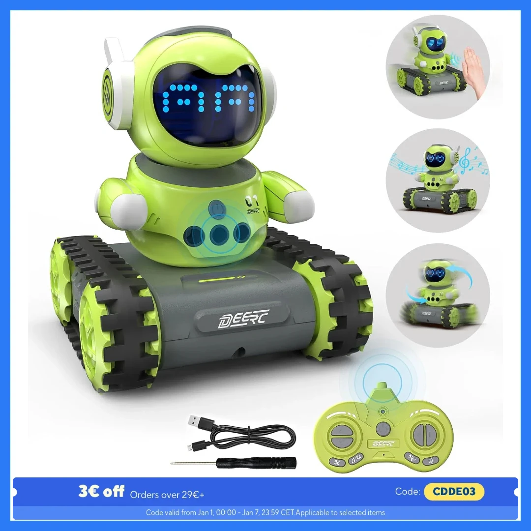 DEERC-Robot Emo, Talkie Walperforé, Détection de ensole, 16 yeux LED, Démonstration automatique, Musique, Flexible, Rechargeable, Cadeau de Noël, Anniversaire, 5-7 ans