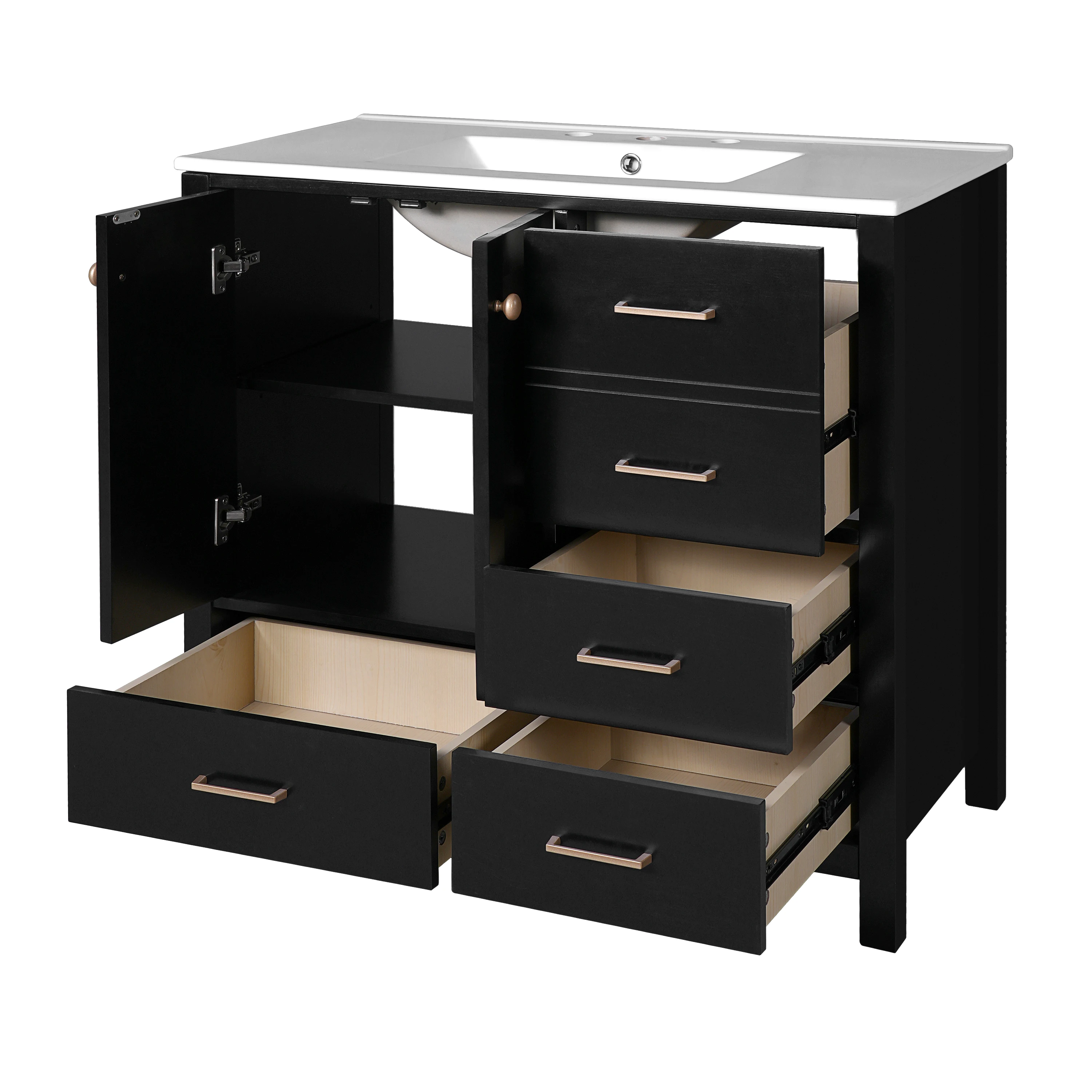 Vaidade de banheiro autônoma de 36 '' com pia de cerâmica 4 gavetas e portas de fechamento suave em preto