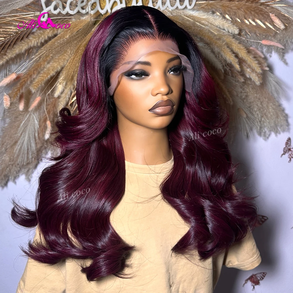 Drawstring with Tape Purplish Dark Red Ombre 200 Density Invisible HD Glueless Pre-cut Lace Front Wig Remy Human Hair Body Wave