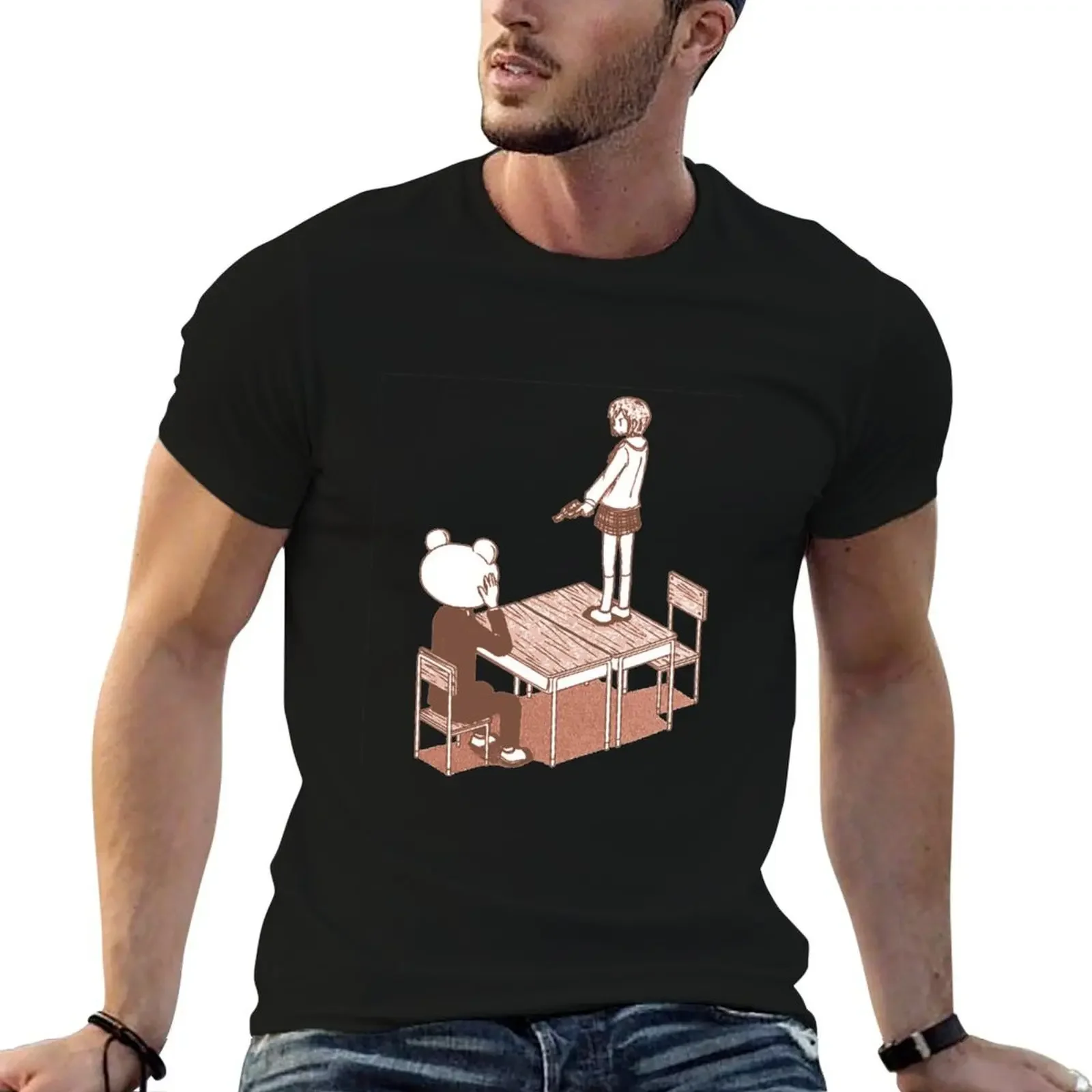 Nichijou - Tachibana Aiming Revolver at Sasahara While Standing on Desk T-Shirt man clothes new edition plus size men clothing