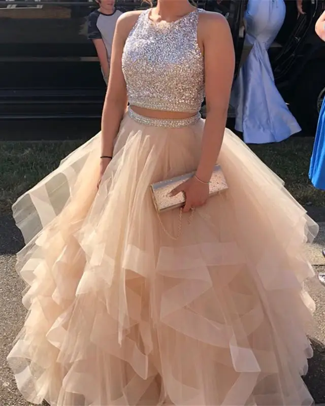 ANGELSBRIDEP Prom Dresses Two Piece Sparkly Sequins Beaded A Line Organza Layered Ball Gowns Floor-Length Prom Gowns Plus Size