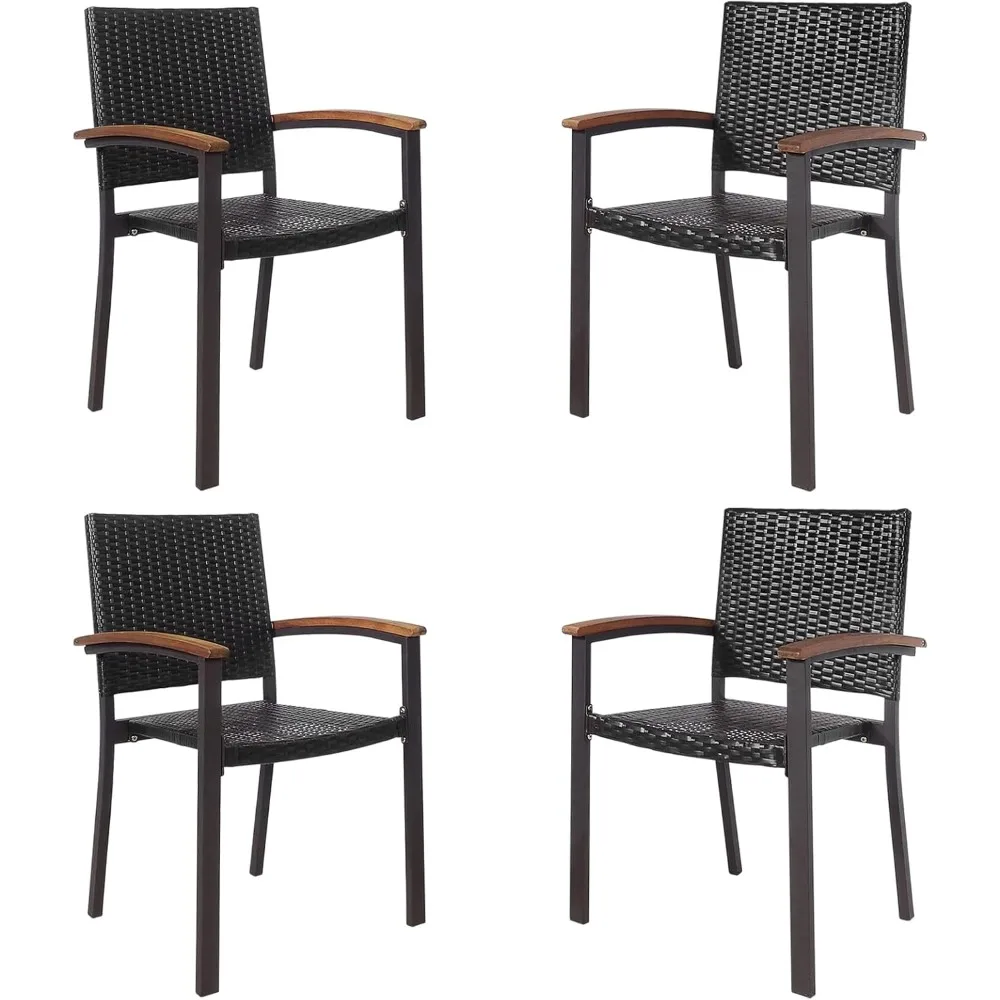 

Stackable Outdoor Wicker Chairs with Acacia Wood Armrests, Patio Dining Chairs for Indoor and Outdoor Use