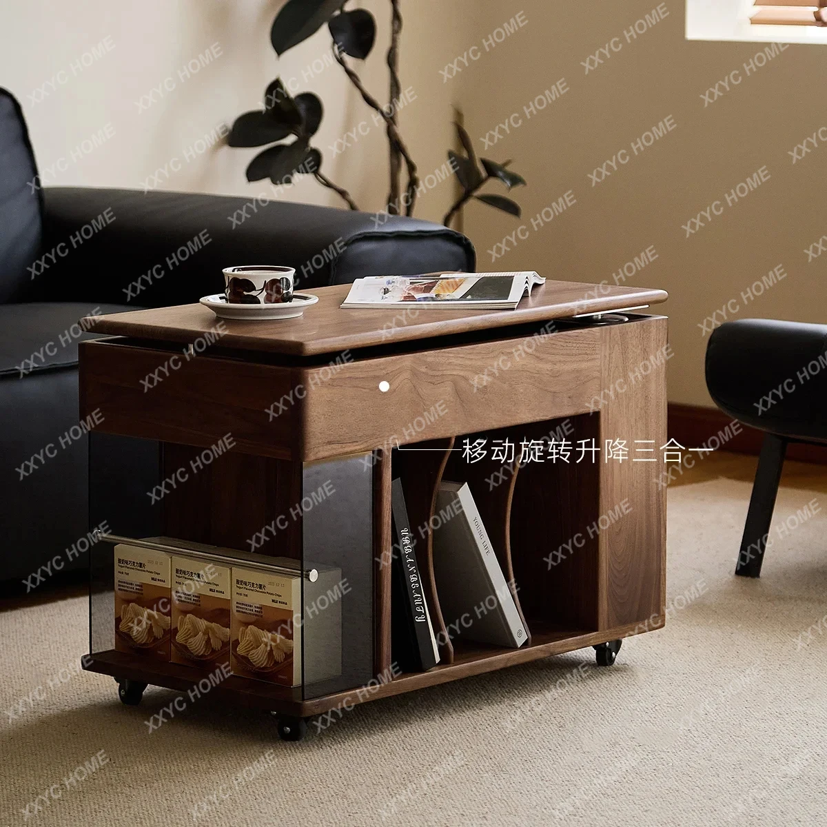 Y1 Black walnut tea table multi-functional mobile home storage trolley sofa liftable side cabinet