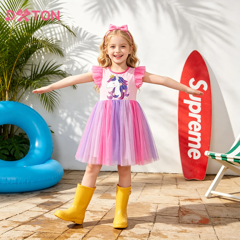 DXTON Sleeveless Children Dresses Summer Vacation Kids Girls Dress Gradient Tulle Patchwork Unicorn Toddler Cute Cartoon Clothes
