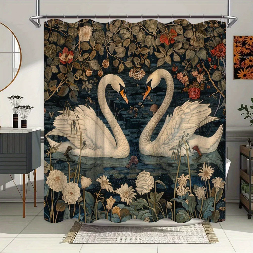 

1pc Victorian-Style Swans Shower Curtain - Romantic Pond Scene with White Swans, Lush Flowers & Greenery, Polyester Fabric