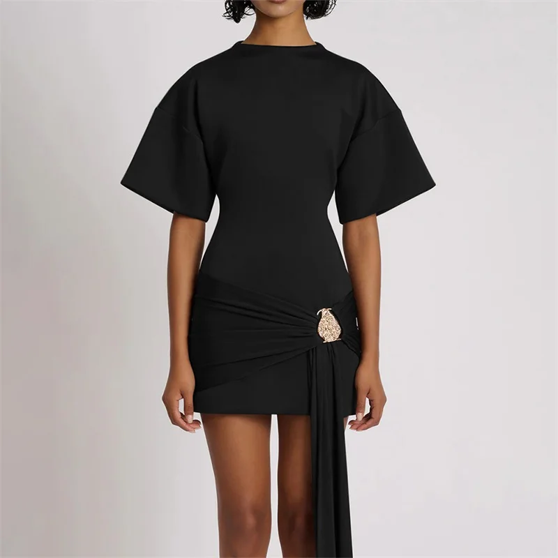 

O-Neck Metal Button Ribbon Women's Evening Dress Loose Half Sleeve Bandage Gown White Black Coffee Party Skirt Newest In Stock