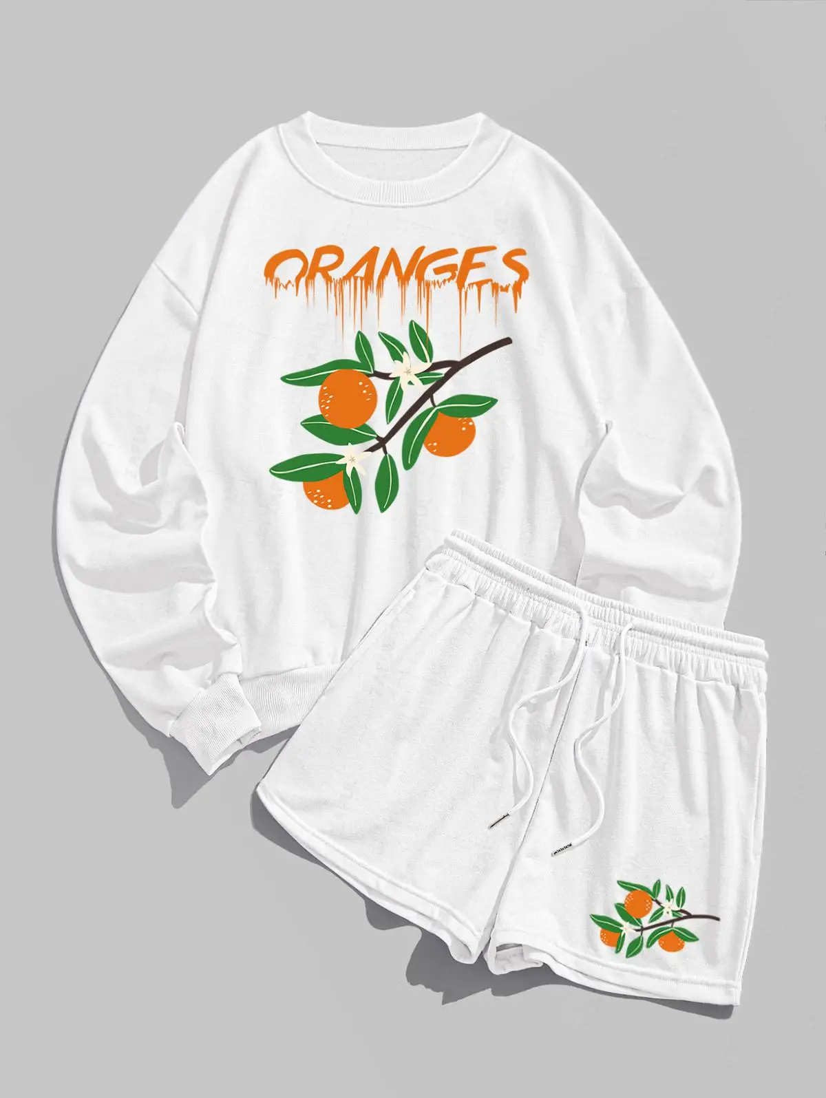 Women's Letter Oranges Tree Branch With Flowers Leaves Graphic Printed Crew Neck  Sports Sweatshirt And Drawstring Shorts Set