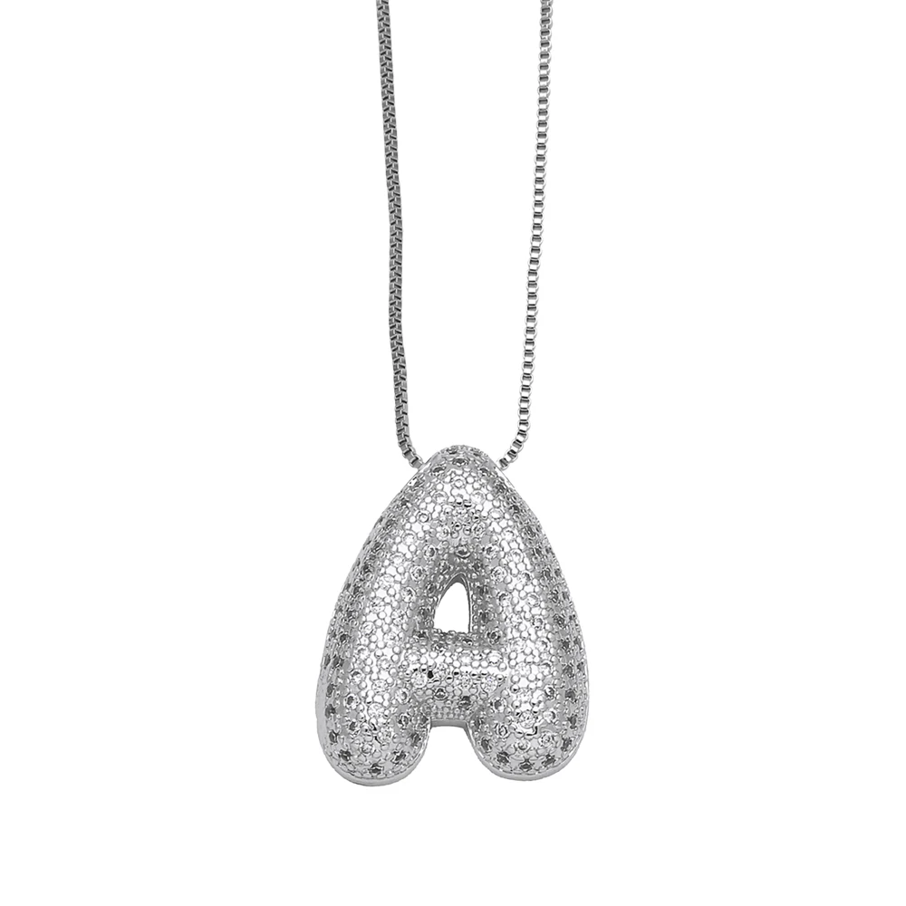 FLOLA Initial Bubble Letter Pendant Necklaces A-Z Alphabet Silver Color Zircon Necklace 26 Letters Fashion Jewelry Gifts nkeq71