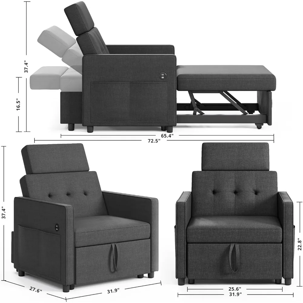 سرير كرسي أريكة 3 في 1 قابل للتحويل مع سرير مفرد قابل للسحب، مسند ظهر قابل للتعديل، قماش كتان لراحة غرفة المعيشة #2