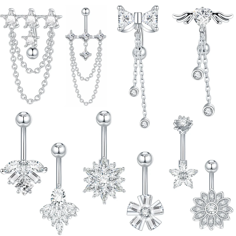 5Pcs/lot Stainless Steel Crystal Belly Button Rings with Chain External Thread Navel Piercing for Women Body Accessaries