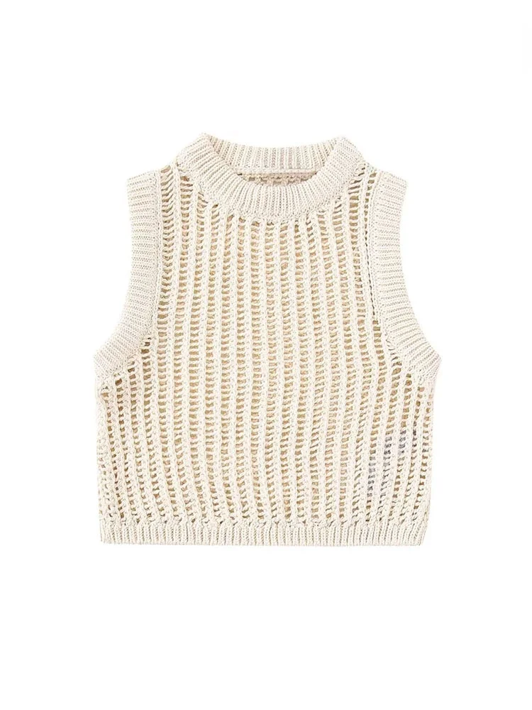 2023 TRAF Women Open Knit Crop Vest Sweater Vintage O Neck Sleeveless Female Waistcoat Chic Tops Fashion Harajuku Casual Clothes