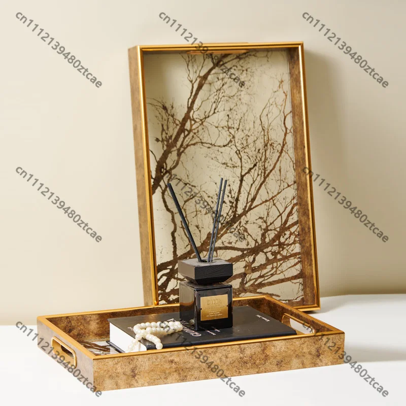 Light Luxury Gold Rectangular Tray Transparent Bottom Decorative Storage Tray