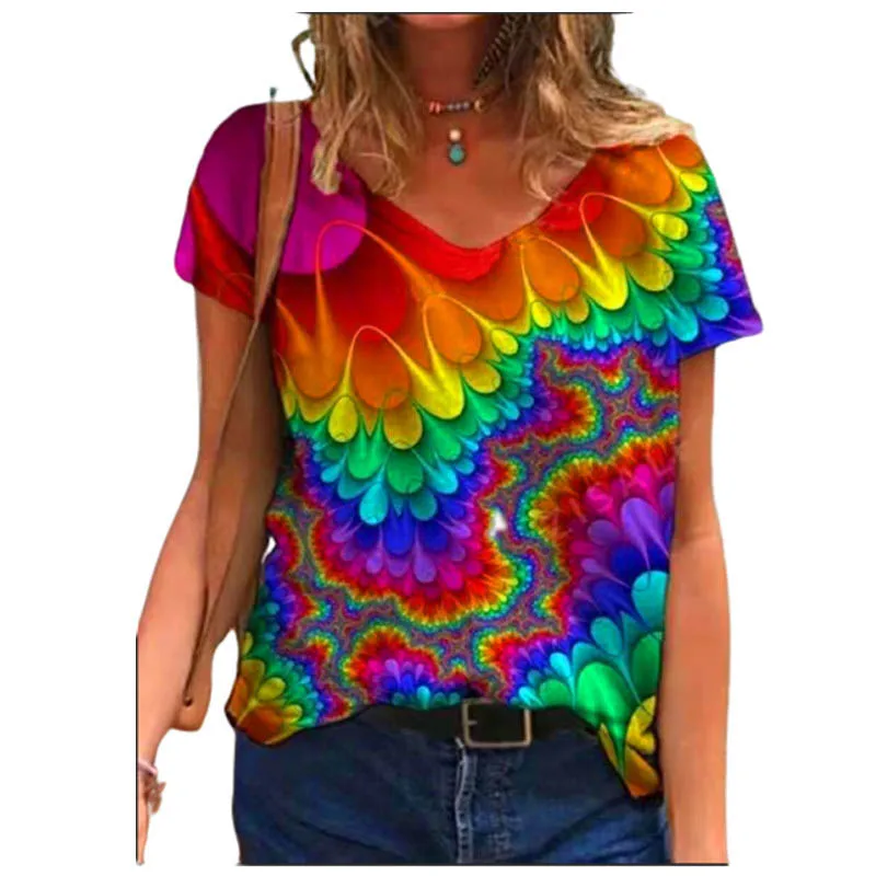 Gradient Tie Dye Flower Floral 3D Print T-shirt Women Casual T Shirts Y2k Tops Woman Harajuku V-Neck Tees Oversized Clothing