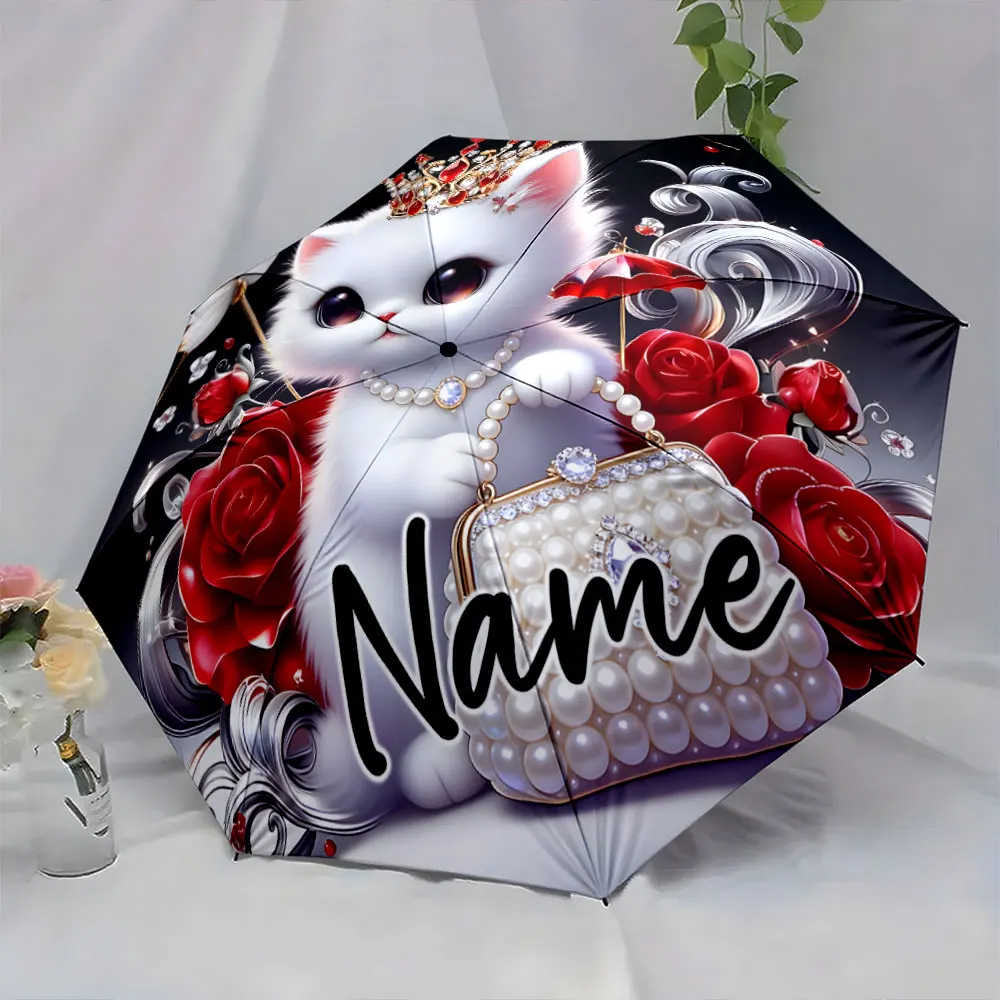Custom Name Umbrella Elegant Cat Design Umbrella with Red Roses Print 8 Iron Ribs Folding Umbrella Auto-Open Fashion Sunshade