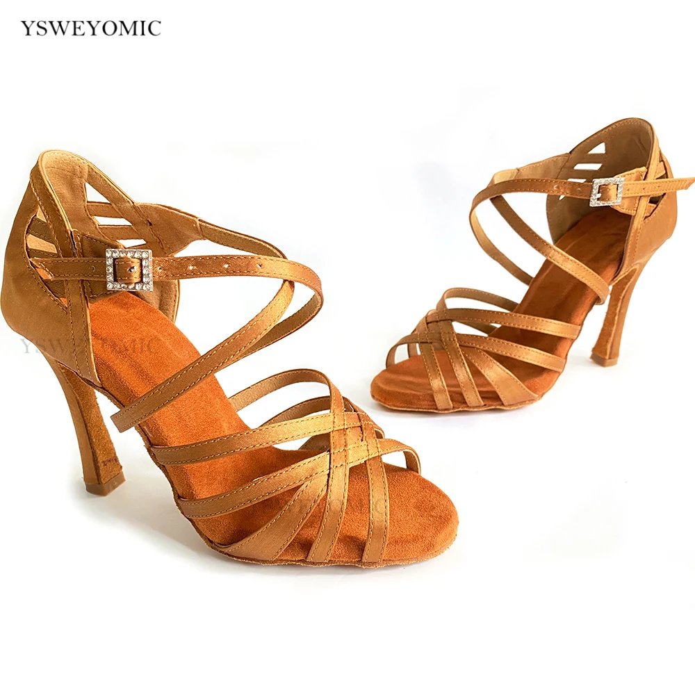 Brown Satin Soft Leather Latin Ballroom Dance Shoes Soft Indoor 10cm High Dance Heels For Girls
