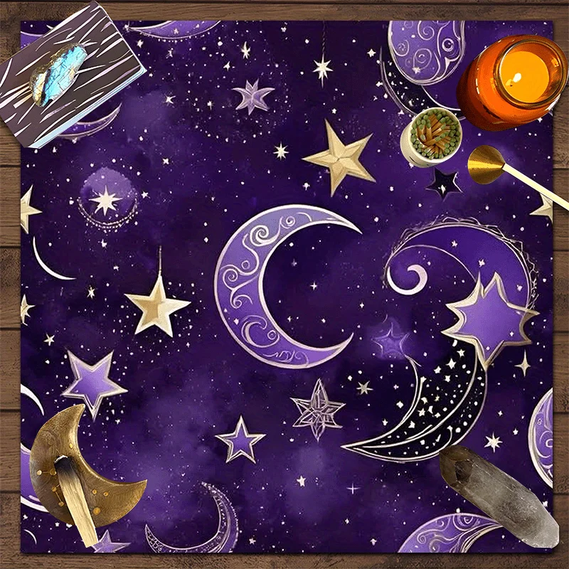 1pc Mystical Moon & Stars Tarot Tablecloth, Purple‑Gold Astrology Divination Altar Mat, Celestial Design for Tarot Readers