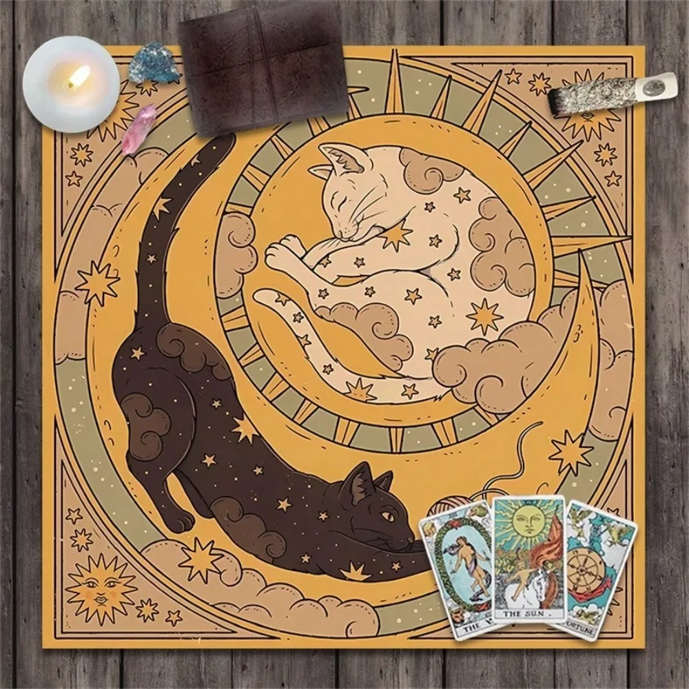 Sun Moon Mystical Cat Altar Cloth Multiple Sizes HD Sublimation Print Botanical Moon Floral 100 Polyester Machine Wash Tarot