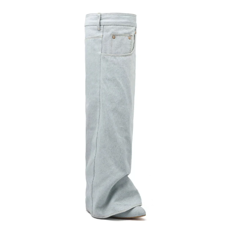 Light Blue Denim Pointed Toe Knee High Boots Woman Winter 2026 Slim Side Zipper Trouser Boots Fashion Boots High Tube Boots