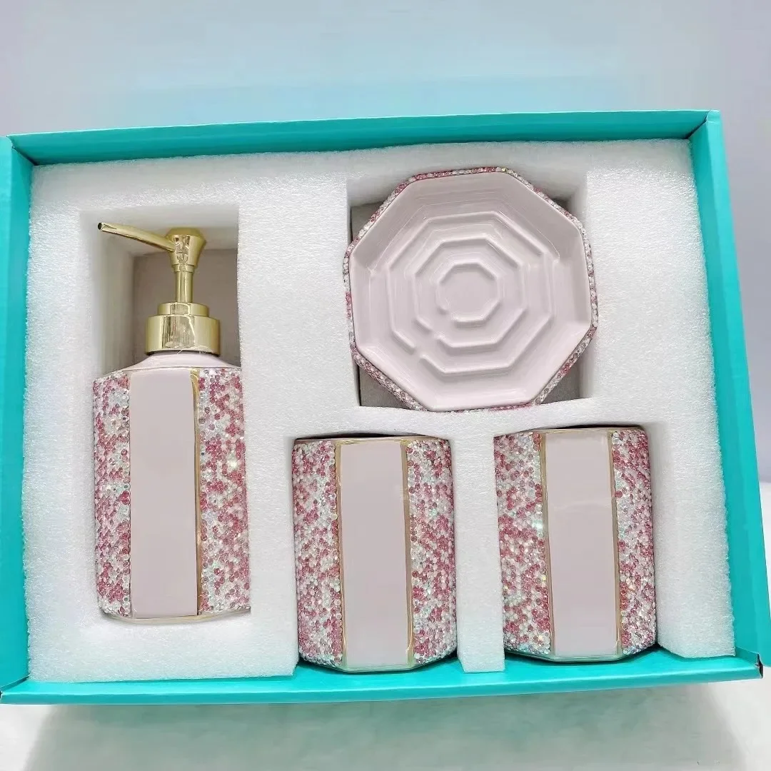 Rhinestones Ceramic Empty Lotion Bottle Liquid Soap Dispenser Pump Container Wash Cup Toothpaste Tooth Brush Organizers 4PCS Set